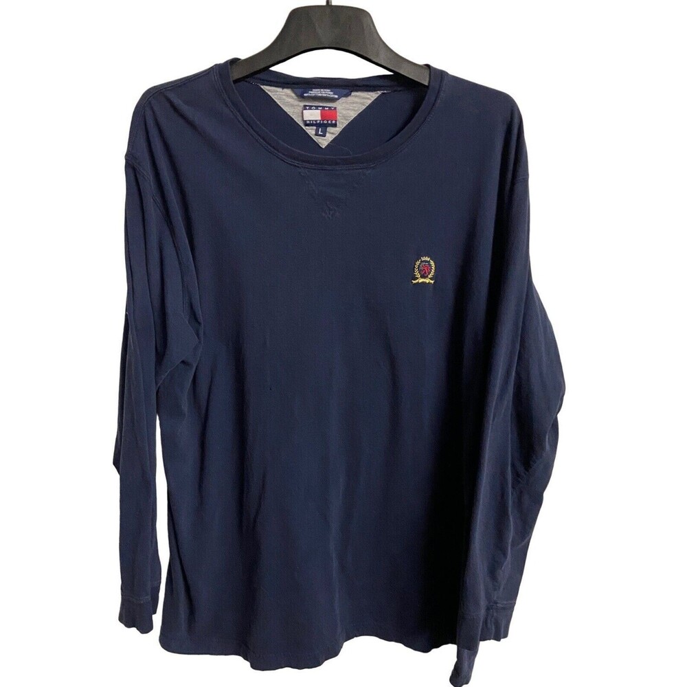 Tommy Hilfiger T-Shirt Mens Large Navy Blue Long Sleeved Round Neck Cotton Crest